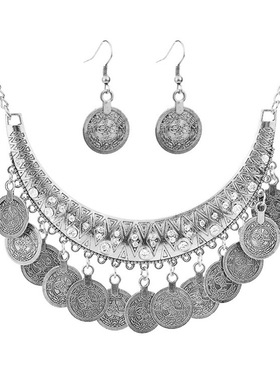 宫廷复古雕花水钻项链钱币流苏毛衣链舞蹈配饰复古装配件硬币饰品