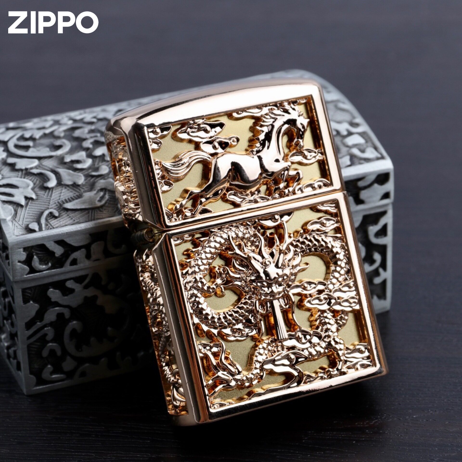 原装正品ZIPPO芝宝龙马精神DIY套壳金色 收藏送礼礼品煤油打火机