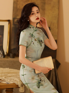 长款2023春夏新品荷花网红旗袍拍短视频连衣裙日常旗袍连衣裙