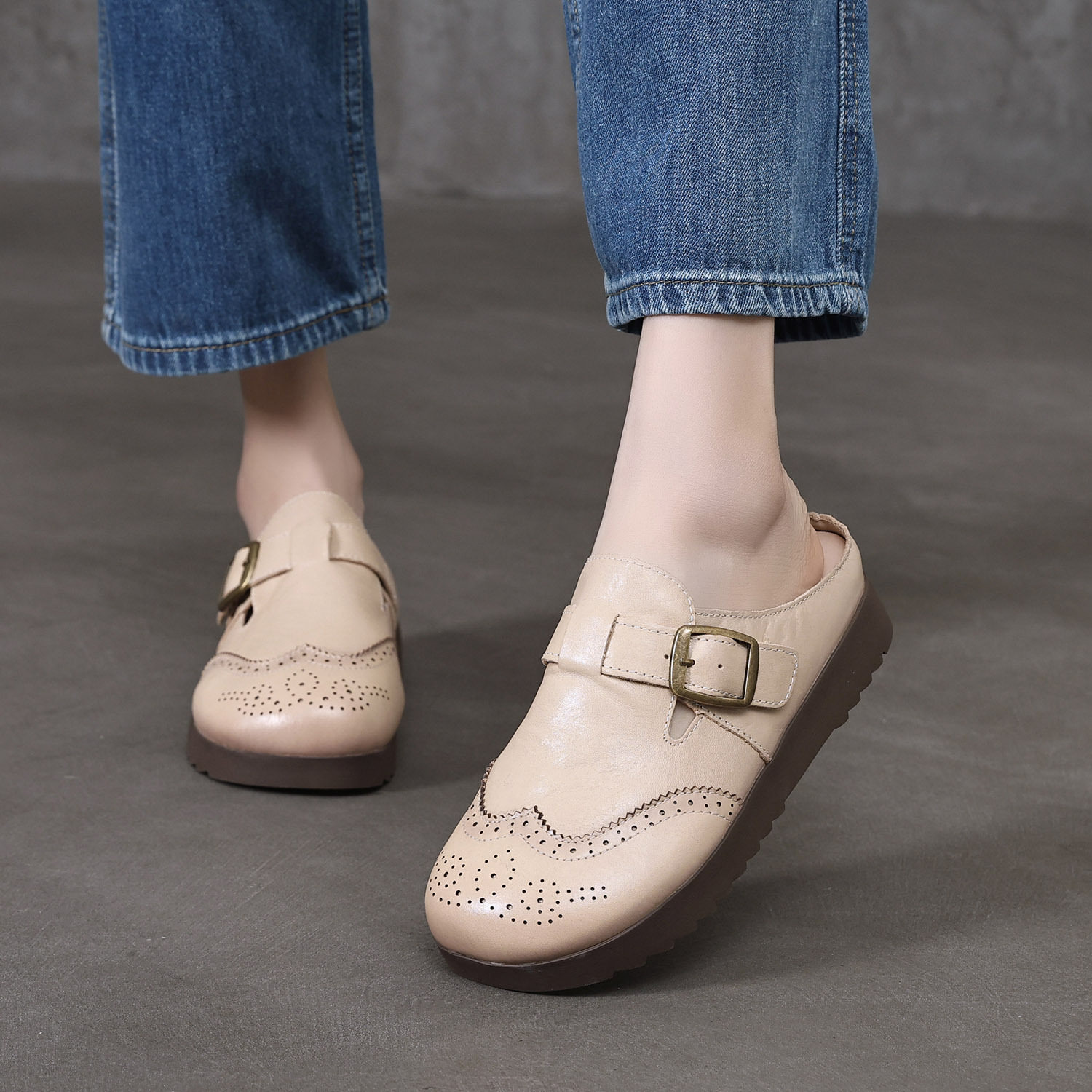 木森鸟26新款头层牛皮包头一字拖真皮舒适软底平底凉拖女鞋