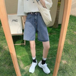 百搭宽松腰显瘦直筒阔腿五分裤 新款 子 女港风夏季 牛仔短裤