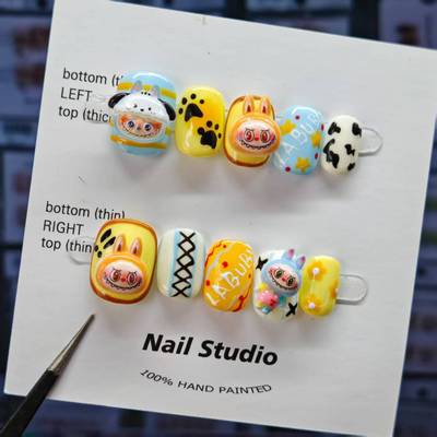 轻奢风美甲Labubu穿戴式欧美可爱卡通少女短圆穿戴美甲贴片可拆卸