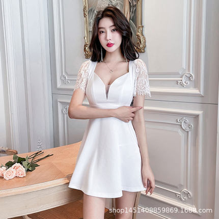 夜总店性感连衣裙女新款小黑白裙气质显瘦减龄低胸夜场上班工作服