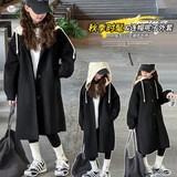 女童端长款呢大衣秋冬装2025新款女大童韩系假两件连帽毛呢外套，童装外套，祺儿童装