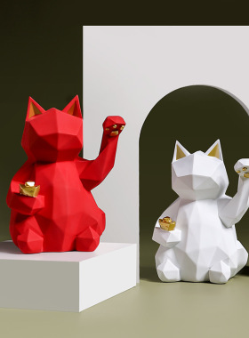 现简约几何招财猫树脂工艺品家居客厅玄关门店桌面装饰摆件