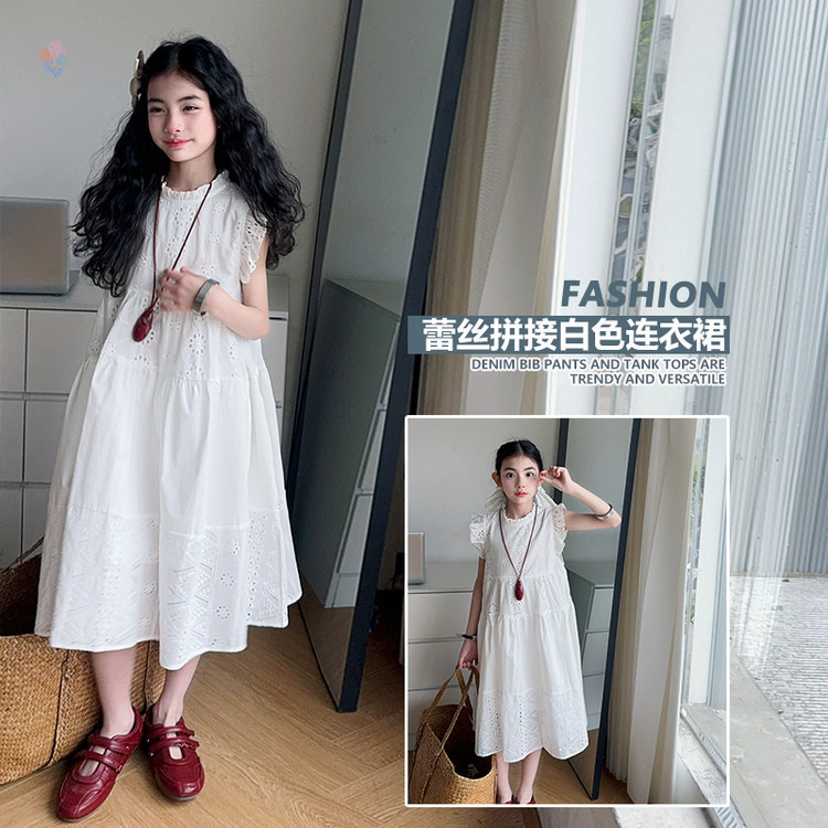 女童休闲棉布提花无袖连衣裙中大童蕾丝花边中长裙A字裙2025夏新，商品下架区商品下架区，祺儿童装
