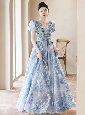 蓝色晚礼服裙端轻奢小众大气上档次2025新款级感女晚宴主持人款