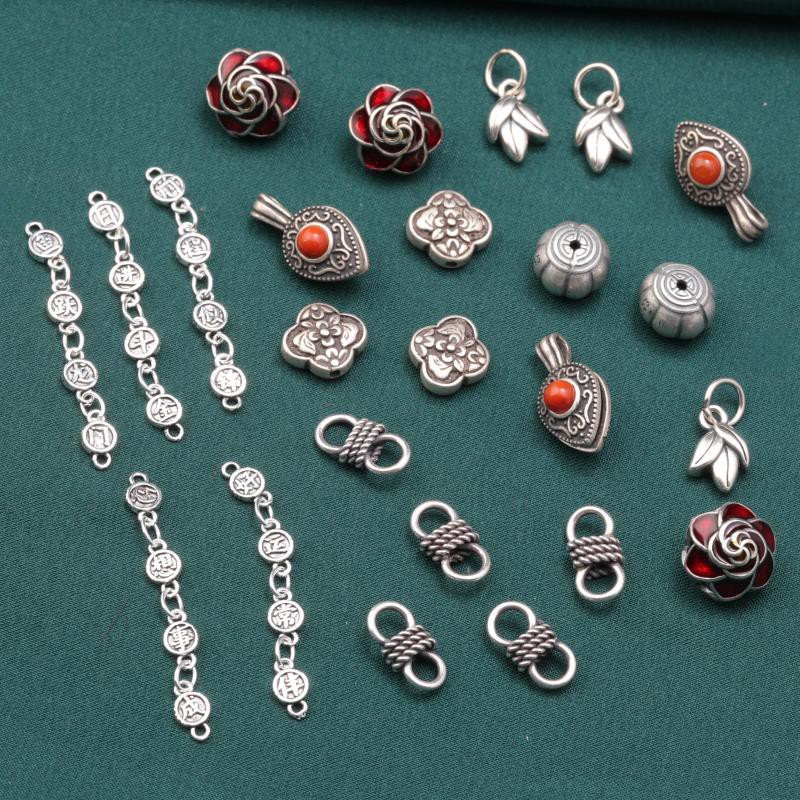 S925纯银小花树叶瓜珠吊坠配件 复古做旧计数器半截链配链配饰