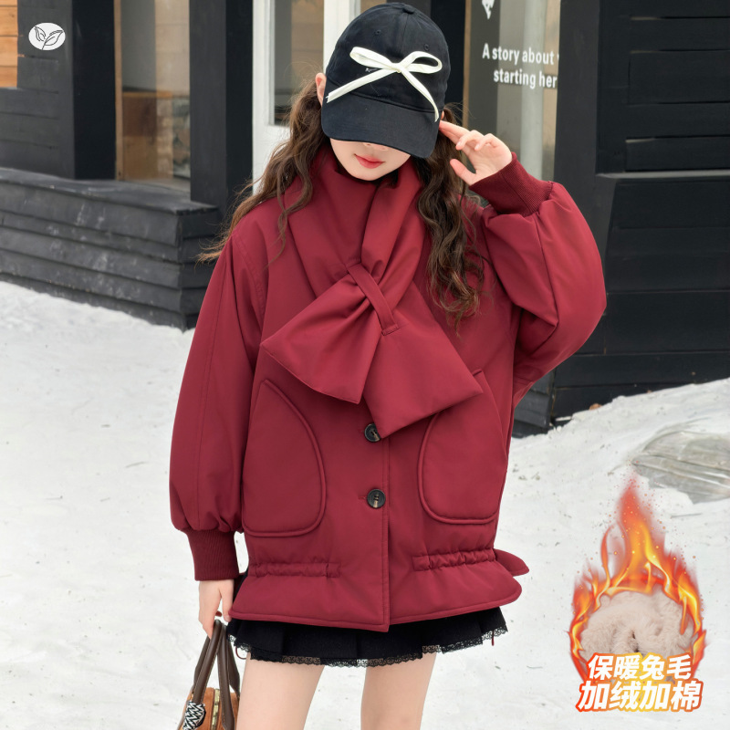 女童夹棉加厚棉衣2025冬季新款中大童保暖围巾派克服休闲棉服外套，童装棉衣，祺儿童装