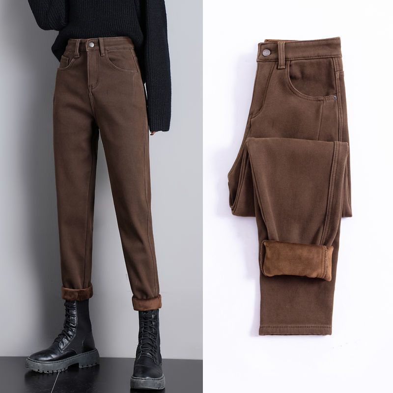 高端咖啡色加厚加绒高腰九分裤