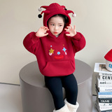 女童连帽卫衣拜年服2025秋冬新款儿童红色加绒衣服女长袖上衣P70，童装卫衣/绒衫，祺妙童装