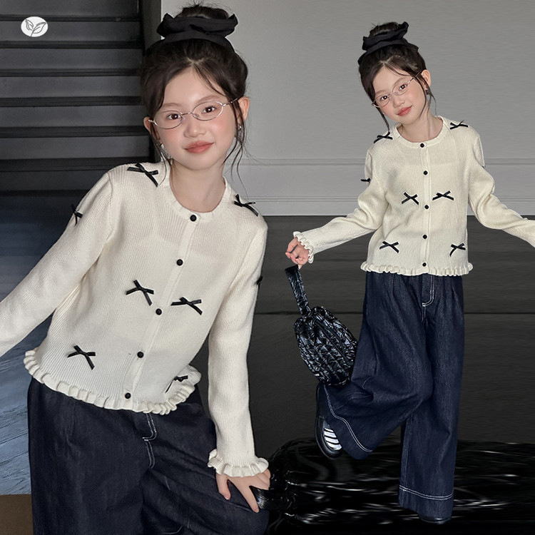 女童2025年秋季新款立体蝴蝶结毛衣中大童韩版针织开衫上衣外套潮，童装毛衣，祺儿童装