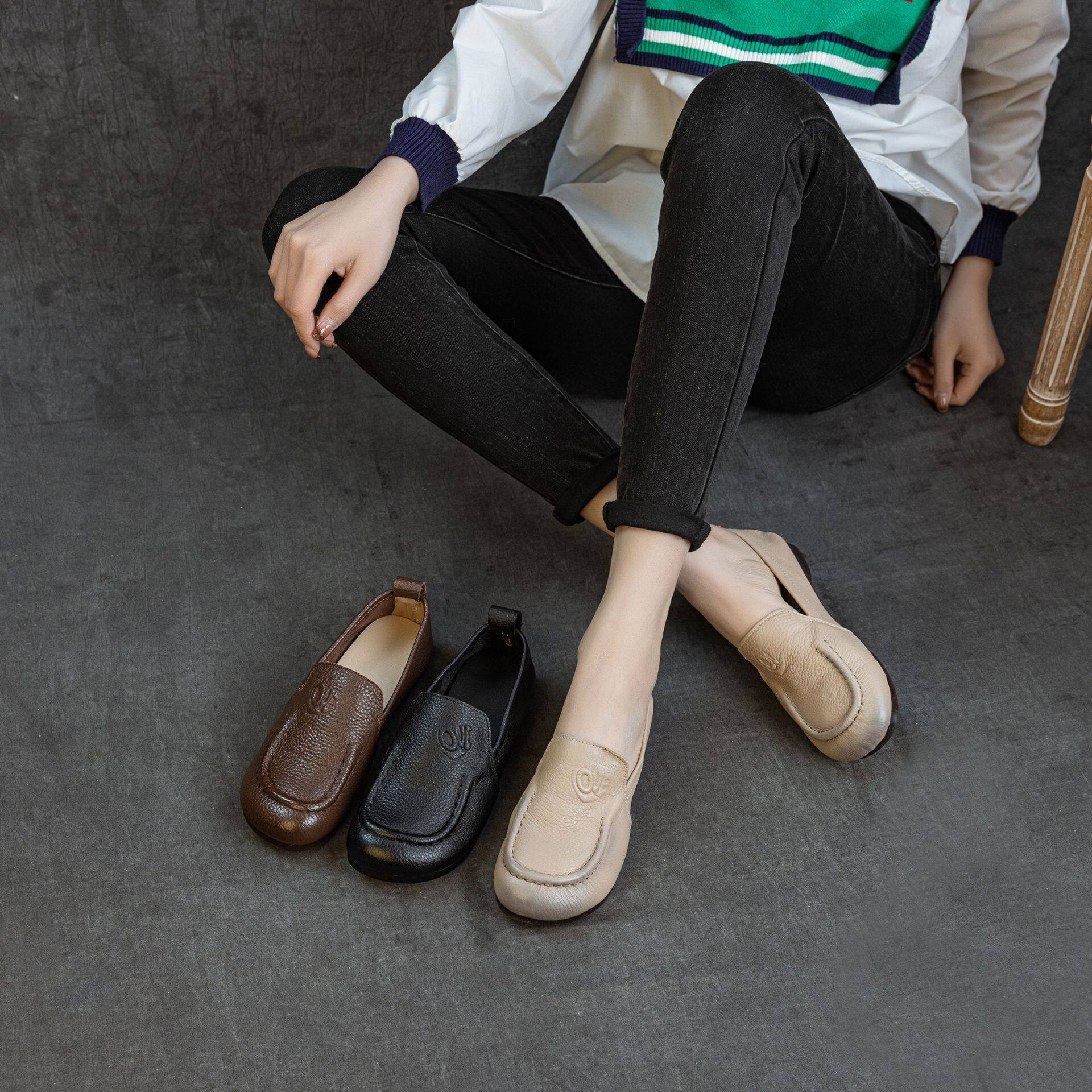 春季新款头层牛皮一脚蹬平底防滑宽松舒适乐福鞋复古文艺女鞋