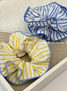 韩版黄蓝色条纹布艺大肠发圈高级感双层小蛮腰发绳蓝边头绳绑头花