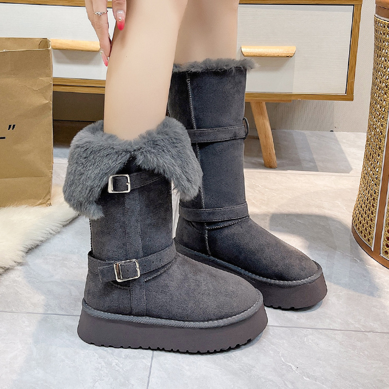 2025冬季非真皮雪地靴骑士筒机车帮长筒战靴两穿保暖皮带扣