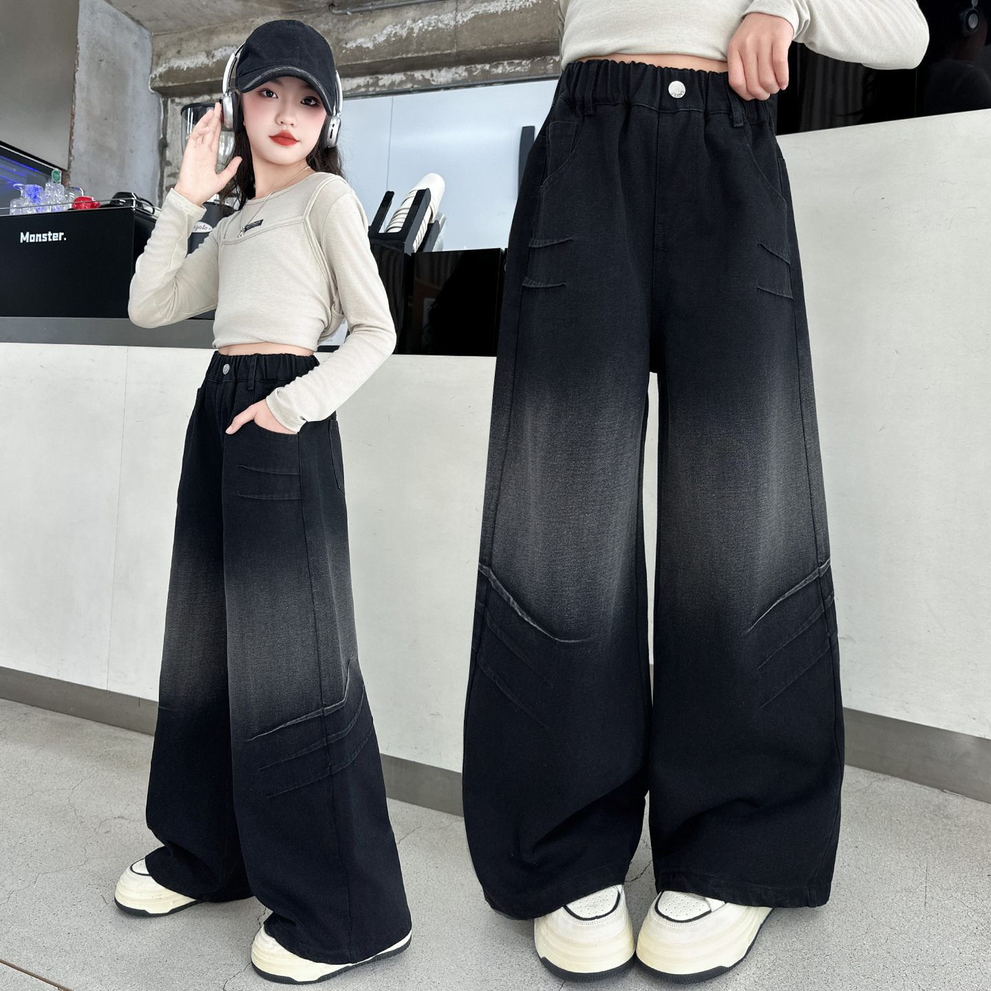 女童渐变牛仔裤春秋季2025新款设计感阔腿裤中大童直筒裤拖地裤潮，童装裤子，祺儿童装