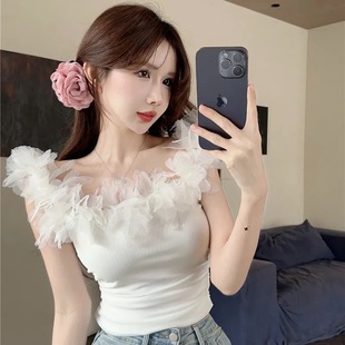 甜辣妹露脐性感一字领短款 立体花朵抹胸背心女夏外穿法式 吊带上衣