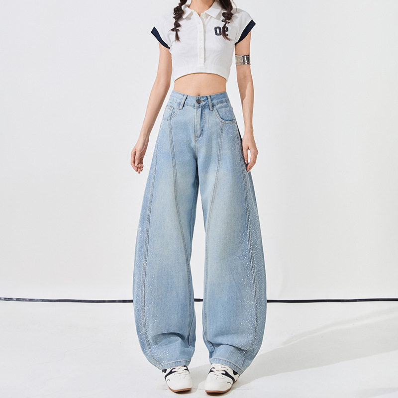 浅蓝色烫钻弯刀阔腿裤牛仔女2026春季新款高腰显瘦宽松直筒拖地裤