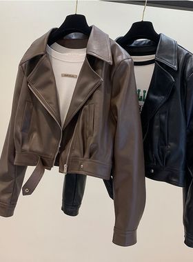 women tops coat ladies PU leather jackets 翻领小个子PU皮夹克