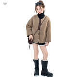 女童加厚毛毛衣2025年秋冬新款双面穿豹纹外套中大童韩系短夹克衫，童装外套，祺儿童装