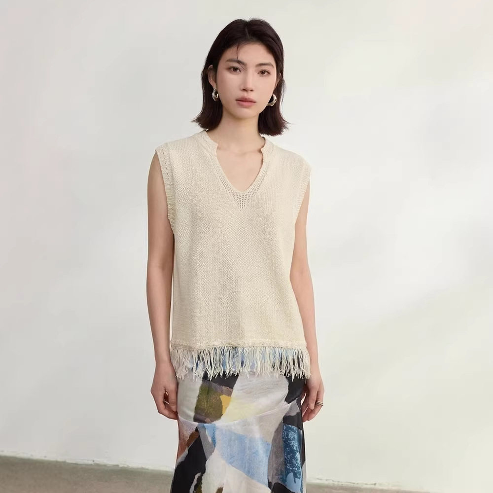 老钱风桑蚕丝和纸V领针织背心女外穿2026新款女装流苏边春季马甲