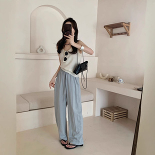 夏韩系嘉兴天丝亚麻女裤休闲松紧腰显瘦直筒垂感阔腿拖地宽松长裤