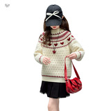 女童加绒加厚毛衣2025年秋冬新款中大童波点爱心针织衫休闲打底衫，童装毛衣，祺儿童装