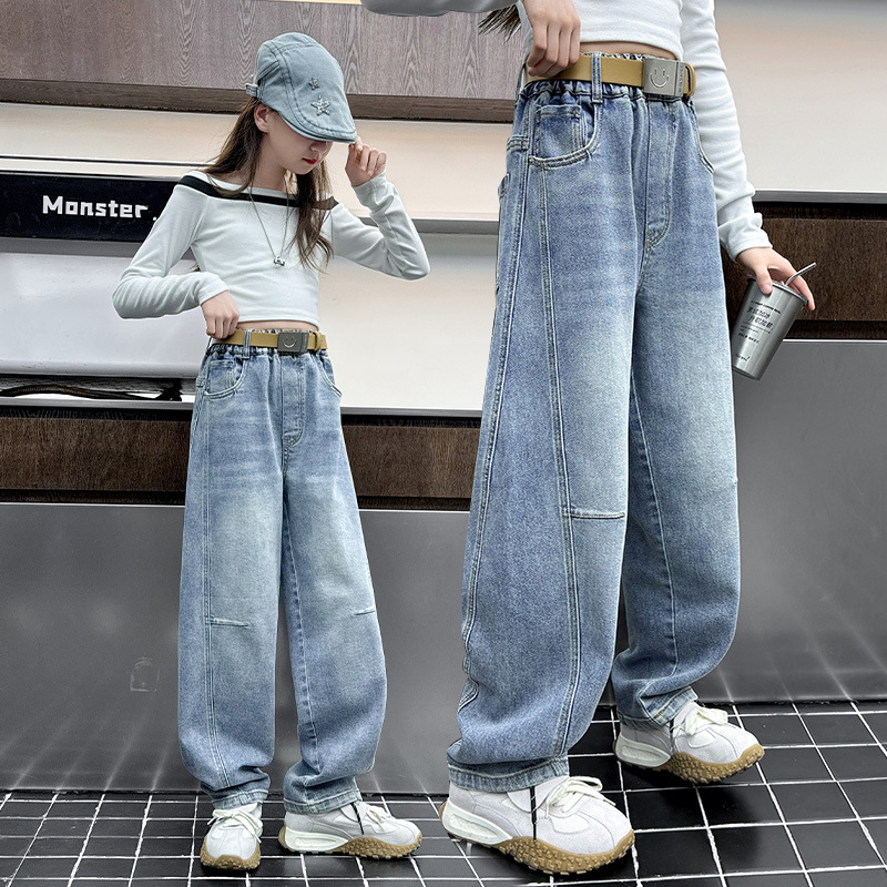 女童拼接牛仔裤2025新款韩版中大童宽松休闲弯刀裤长裤阔腿拖地裤，童装裤子，祺儿童装