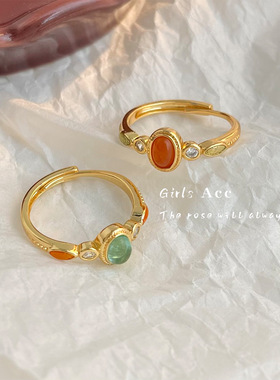 新中式复古红绿戒指小众设计宫廷风食指戒个性小众开口可调节指环