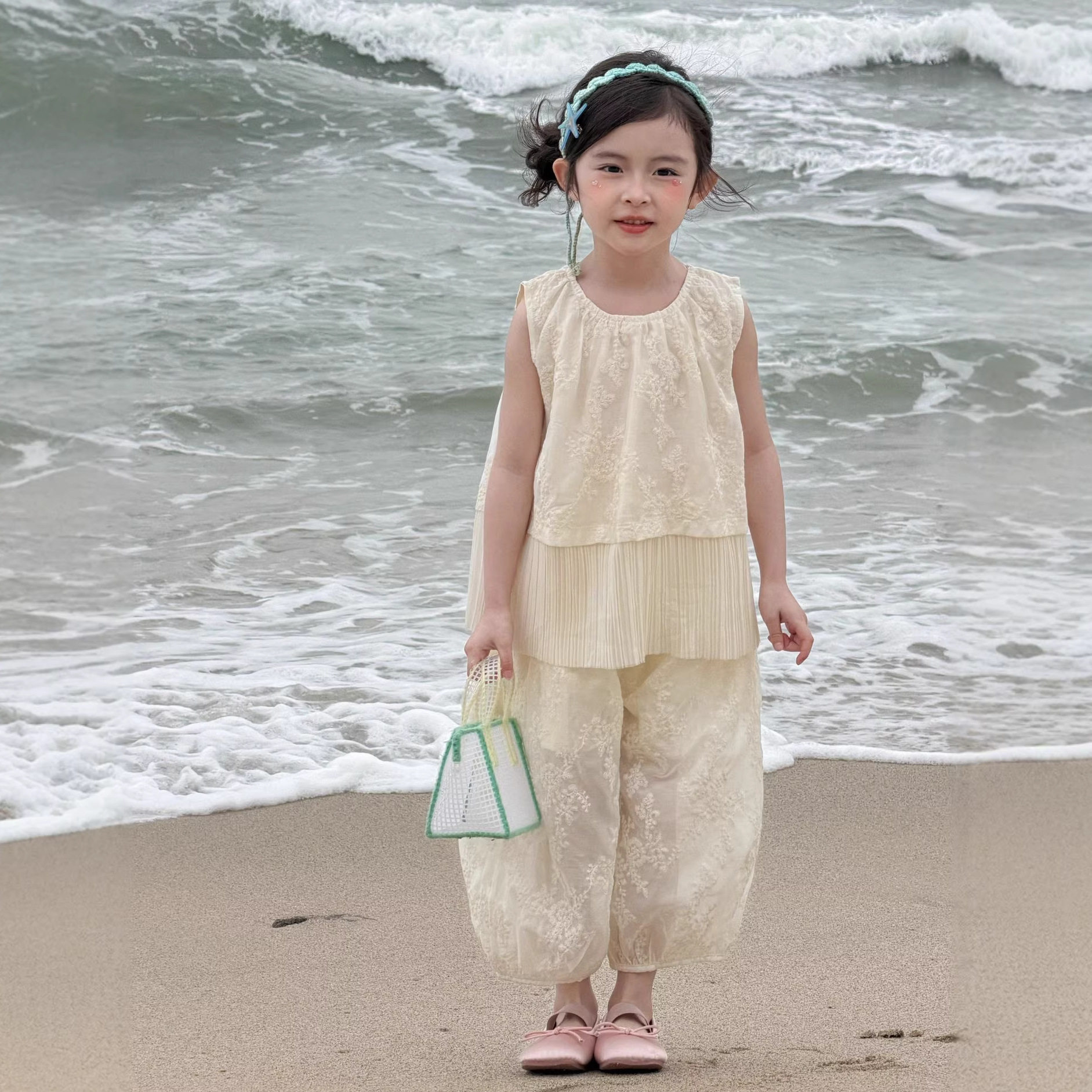 2026夏季新款中大女童重工刺绣蕾丝拼接套装清爽透气背心宽松长裤