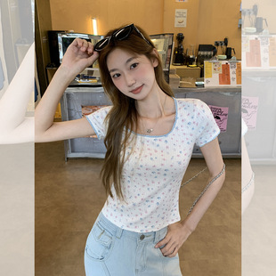 【念妮裳】夏季女装甜美纯欲碎花蕾丝拼接修身正肩气质短袖T恤