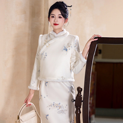 刺绣加绒国风苏州长袖改良旗袍冬季厚款女新中式马甲两件套秋冬装