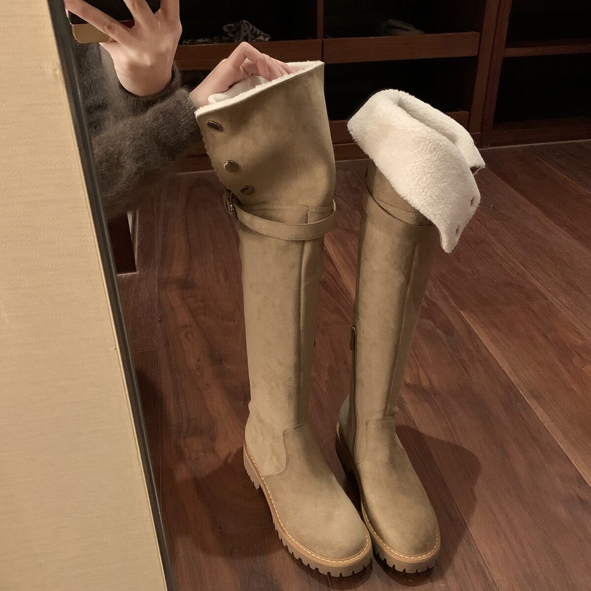 过膝长靴女厚底长筒小个子靴子厚底大筒围加宽胖mm大码加绒