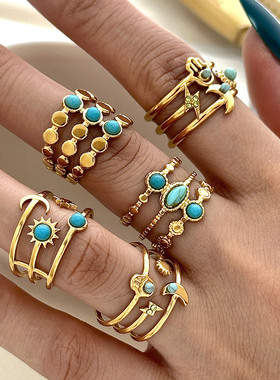 跨境新款不锈钢戒指 欧美真空电镀18K金色绿松石月亮星星开口手饰