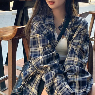 韩系复古格子衬衫女2026新款春秋宽松慵懒风衬衣