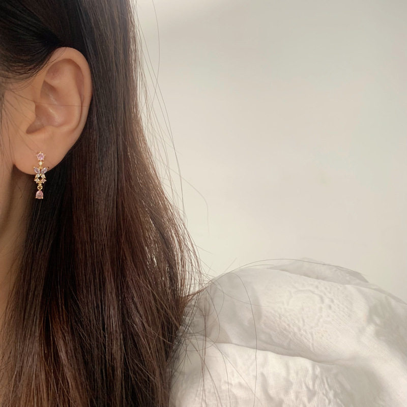 甜美轻奢彩色锆石蝴蝶结耳钉女高级感水滴吊坠耳环少女心百搭配饰