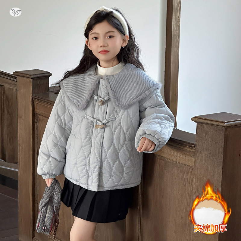 女童2025冬季新款夹棉加厚外套中大童短款毛边翻领面包服棉服韩系，童装外套，祺儿童装