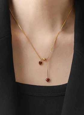 轻奢典雅法式钛钢双爱心流苏项链浪漫唯美气质18k金锁骨链设计感