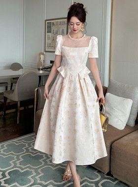 2025夏季新款法式设计感提花收腰大摆连衣裙宴会长款礼服裙21727