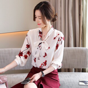 2024春季新品爆款女装时尚蝴蝶结领韩版印花宽松雪纺衫女长袖衬衫