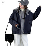 女童夹棉冲锋衣冬季2025新款中大童格子拼接连帽外套夹克衫儿童棉，童装外套，祺儿童装