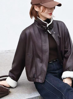 25秋冬复古美拉德加绒立领短皮衣外套女美式机车羊羔毛夹克29023