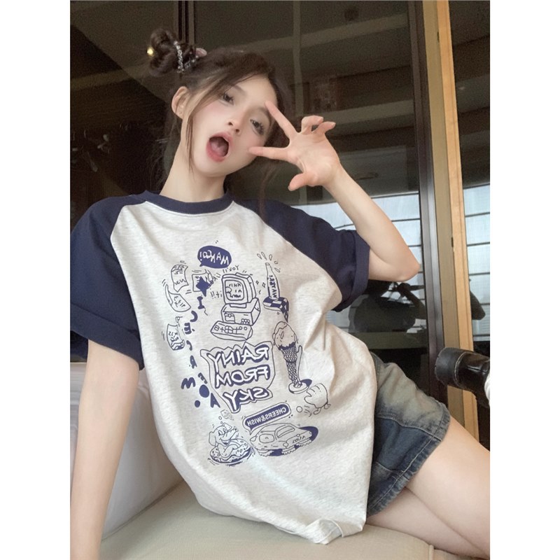 趣味卡通动漫印花短袖t恤女学生可爱别致插肩爆款上衣ins夏大尺码