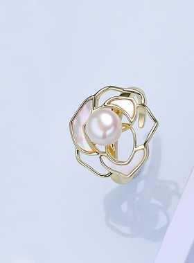 天然淡水珍珠戒指女级感轻奢山茶花扇形时尚活口可调节饰品