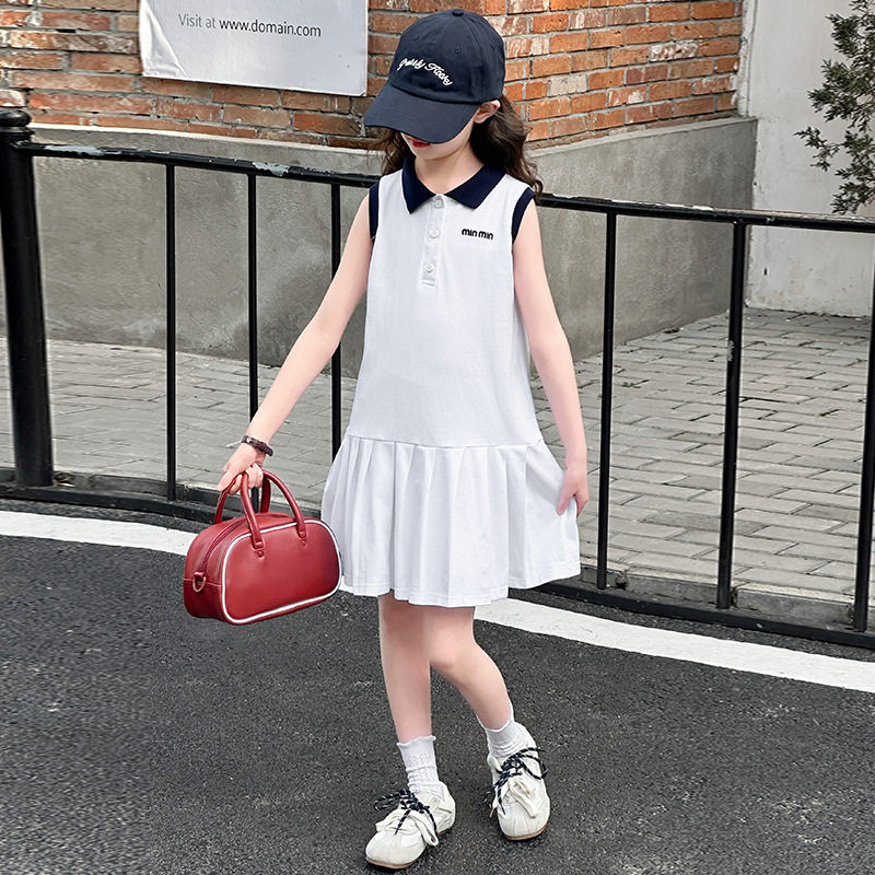 女童学院风连衣裙2025夏季新款儿童POLO领百褶裙子无袖休闲裙夏装，童装连衣裙，祺妙童装