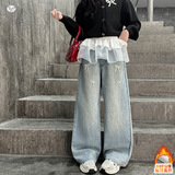 女童秋冬加绒牛仔裤2025年新款珍珠蝴蝶结阔腿裤中大童花边直筒裤，童装裤子，祺儿童装