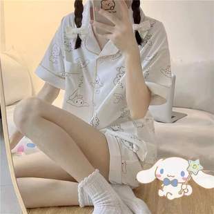 薄款 短裤 可爱日系夏天两件套装 家居服套装 睡衣女夏季 开衫 甜美短袖