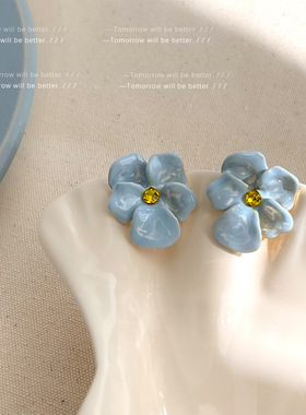 蓝色晕染层次感滴油花朵耳环女小清新森系时尚气质百搭级感耳钉