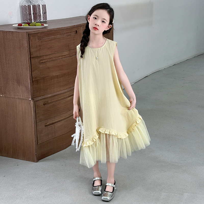 女童拼接网纱花边连衣裙中大童小清新公主裙无袖背心裙2025夏新款，商品下架区商品下架区，祺儿童装