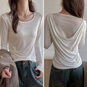 上衣 设计感内搭外穿正肩圆领打底衫 严选白色网纱长袖 t恤女早秋季